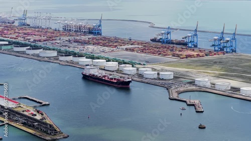 Aerial view of Industrial Shipping on Oil and Gas Refinery port in Le Havre France