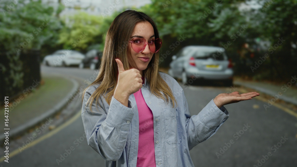 Fototapeta premium Woman gestures with thumb up and points to palm outdoors on a street, wearing sunglasses and casual clothes with cars in the background.