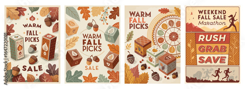 Colorful autumn-themed sale banners showcasing warm fall picks with leaves and acorns.