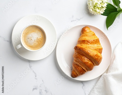 Croissant on plate and a glass of coffee in the morning coffee