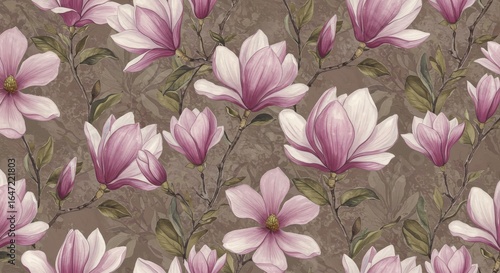 Watercolor Magnolia Floral Pattern Pink Flowers on Brown Background.