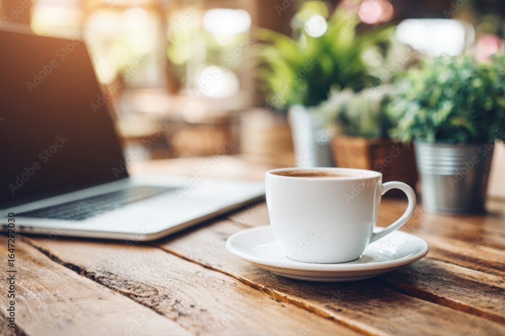 Fototapeta premium A cozy home office setup with a laptop and a coffee cup on a desk