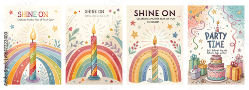 Colorful birthday cards featuring candles and rainbows, celebrating individual milestones with joy.