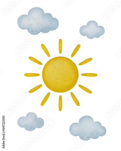 Watercolor illustration of a bright yellow sun with blue clouds, isolated on white background