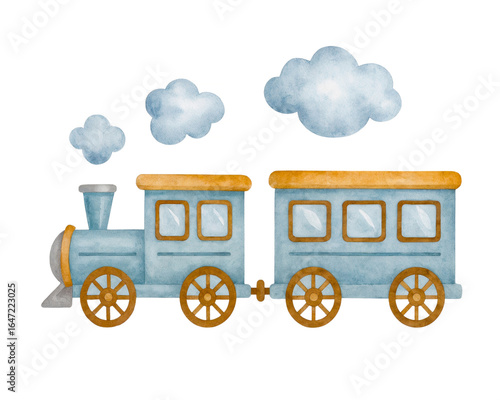 Watercolor illustration of a cute blue train with smoke clouds, isolated on white background