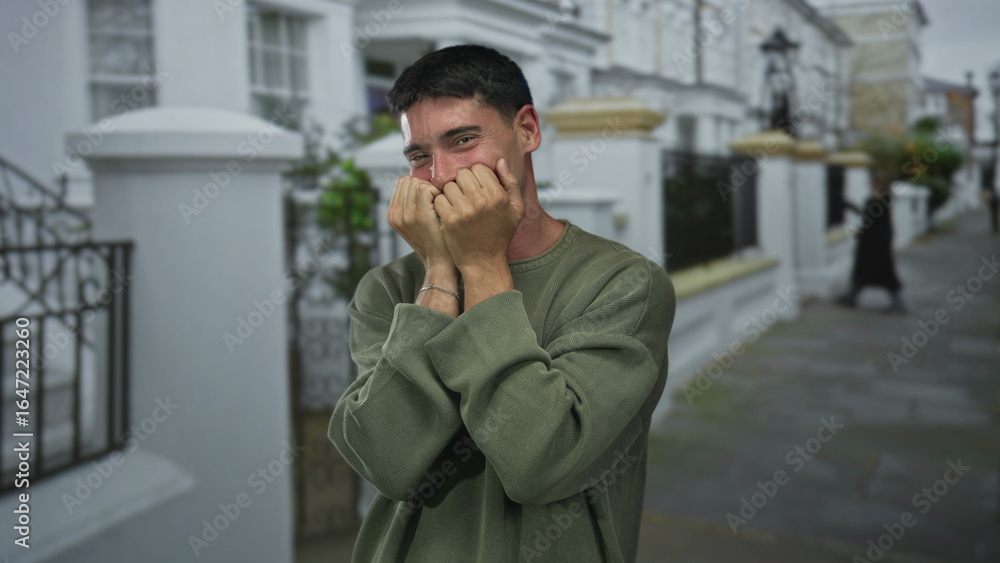 Fototapeta premium Hispanic man in green sweatshirt pointing at camera and covering face with fists on busy city street; joy.