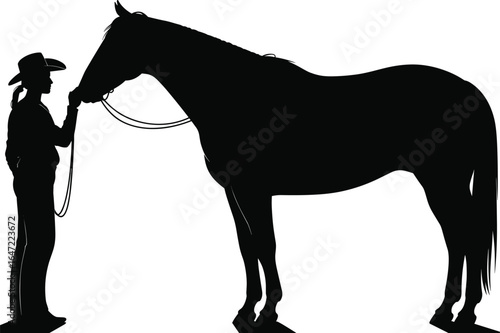 Silhouette of cowgirl with horse, woman holding reins, western rural scene, equestrian farm animal vector, countryside livestock care, ranch lifestyle illustration