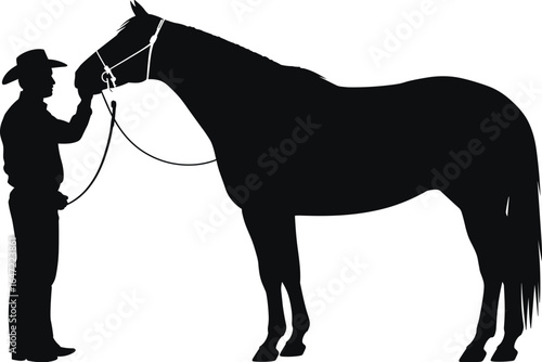 Silhouette of cowboy with horse, man holding reins, western farm animal vector, equestrian ranch scene, livestock care concept, countryside illustration