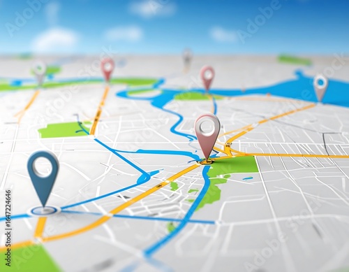 A city map with multiple location markers highlighting various points of interest.