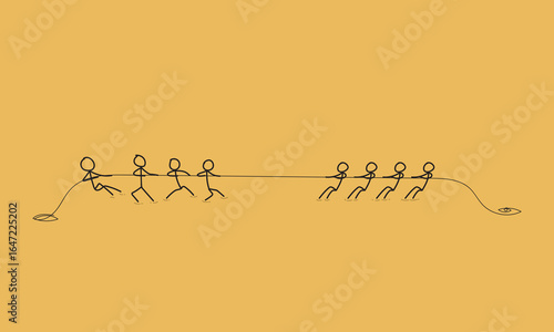 Minimalist Stick Figure Illustration of Two Teams Competing in Tug of War. Symbolizes Teamwork, Cooperation, Competition, and Unity