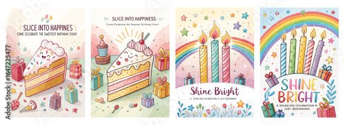 Colorful birthday-themed illustrations with cake, gifts, and festive decorations celebrating joy and festivities.