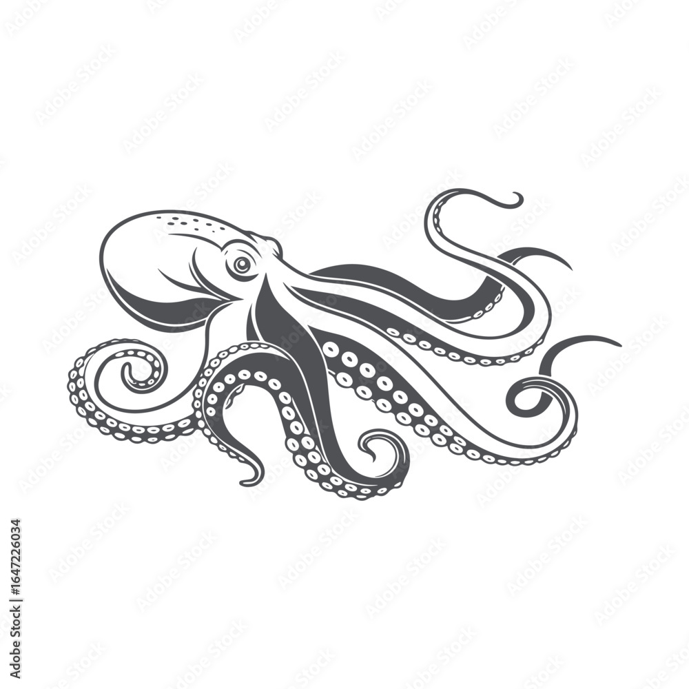 Fototapeta premium Black and White Octopus Vector Illustration. Detailed Marine Cephalopod with Curled Tentacles Isolated on White Background