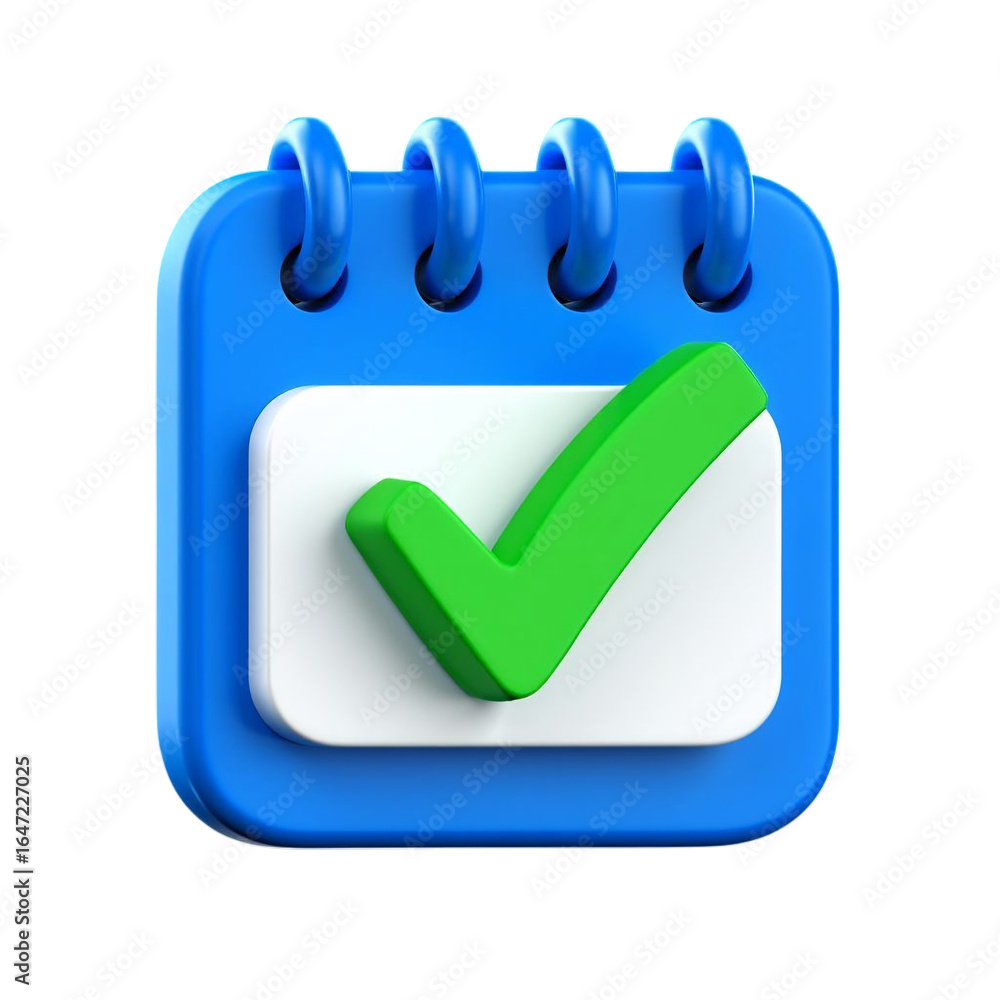 Blue calendar icon with green checkmark isolated on transparent background Blue calendar icon with green checkmark isolated on transparent background