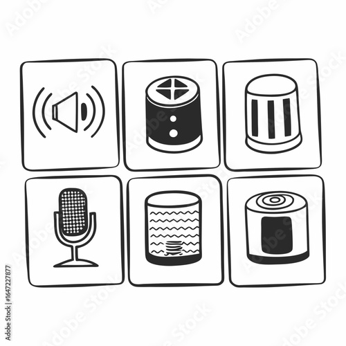 Set of audio and sound icons featuring speaker, microphone, and volume controls isolated on white background for media and communication
