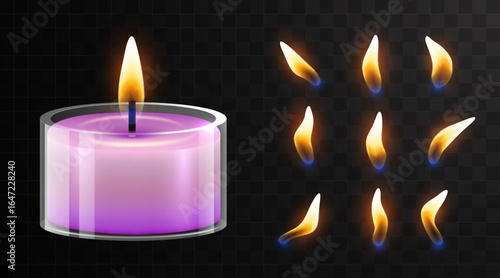 Vector 3d realistic burning jar candle and different flame set closeup isolated on transparency grid background. Design template.