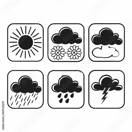Weather icons in square frames isolated on white background, displaying sun, snow, clouds, rain, and lightning for varied weather conditions