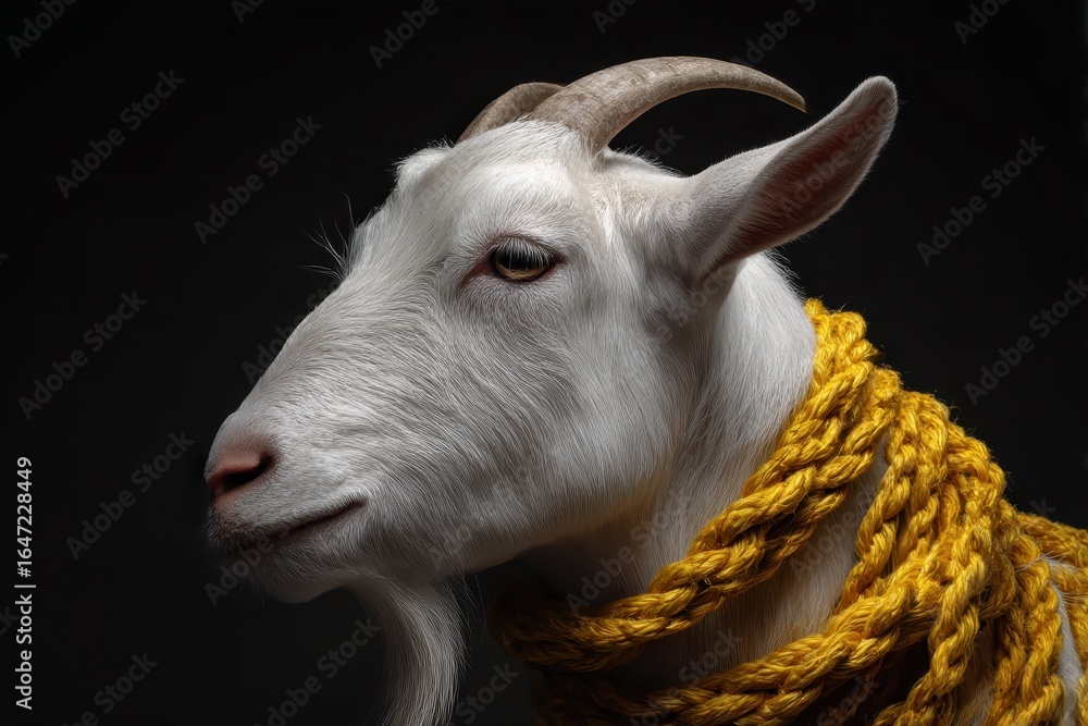 Fototapeta premium White Goat with Yellow Rope Collar in Dramatic Studio Lighting 