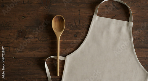 A rustic kitchen scene featuring a wooden spoon and a simple linen apron laid out on a beautiful dark wooden