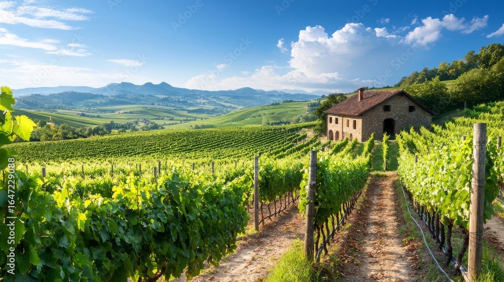 Naklejka premium Scenic vineyard landscape under a blue sky