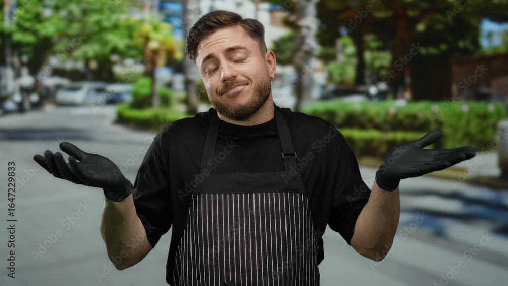 Fototapeta premium Young bearded man in apron with gloves shrugs on street with city background outdoor showcasing casual waiter theme