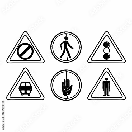 Collection of traffic signs with pedestrian crossing, stop, traffic light, and other regulatory symbols isolated on white background