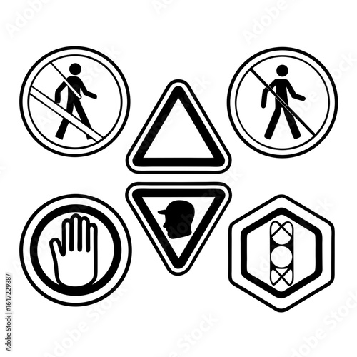 Collection of traffic signs with pedestrian crossing, stop, traffic light, and other regulatory symbols isolated on white background
