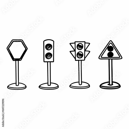 Collection of traffic lights with different configurations and a blank sign for customization isolated on white background
