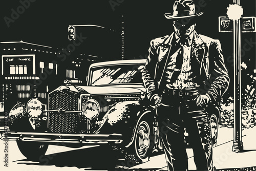 A mysterious man, gangster, or detective on a city street at night with a retro car. Vector in a high-contrast, film noir or woodcut style.