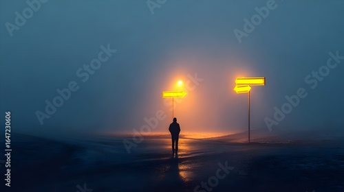 Man standing at crossroads with signs pointing in different directions, foggy background. Concept : Life choices, decision-making, uncertainty, direction, personal journey, crossroads symbolism, futur