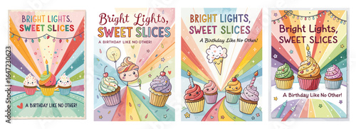 Colorful birthday cards featuring playful cupcakes and festive designs celebrating a special occasion.