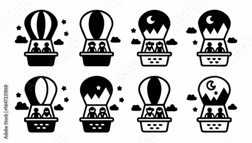 Collection of eight hot air balloon icons with people clouds and stars in a black and white design |  editable eps vectors silhouette