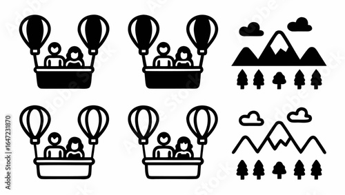 Illustration showing air balloons with people mountains trees and clouds in a simple black and white style |  editable eps vectors silhouette