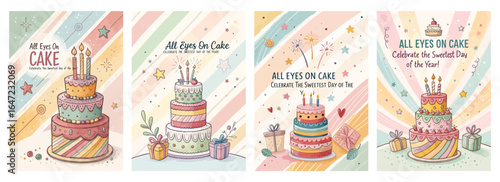 Colorful illustrated cake cards with festive decorations and cheerful designs celebrating special occasions.