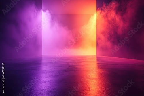 Vibrant Futuristic Room with Colorful Light and Fog futuristic fog colorful vibrant abstract background neon light empty room smoke reflective floor glowing violet purple pink orange red gradient beam