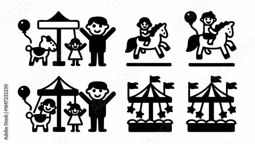 Black and white vector illustration of children and adults at a carnival with horses and carousels |  editable eps vectors silhouette