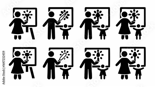 Pictogram set showing adults and children painting flowers on canvases in an art class setting scene |  editable eps vectors silhouette
