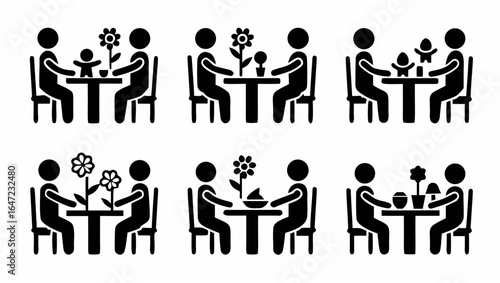 Illustration showing six variations of people sitting at a table with objects in the center of the table |  editable eps vectors silhouette