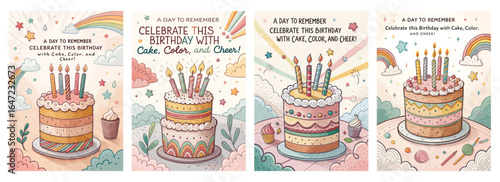 Colorful celebratory birthday cake illustrations with candles and festive designs.
