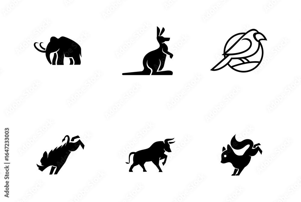 Fototapeta premium Animal Icon Set with Mammoth, Kangaroo, Bird