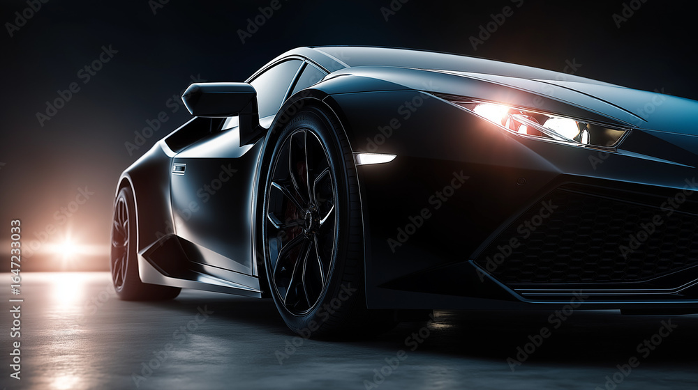 Fototapeta premium High-performance black sports car photographed with professional studio lighting showcasing aerodynamic design curves and premium automotive engineering in contemporary style.