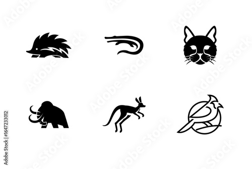 Vector Icons of Hedgehog, Crocodile, Cat, Mammoth, Kangaroo, and Bird