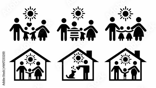 Illustration showing family groupings with sun and hearts above and inside houses in a black and white design |  editable eps vectors silhouette
