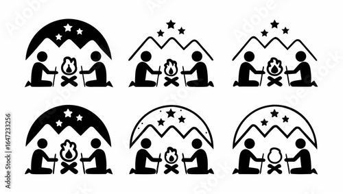 Six camping scenes depicting people around a campfire under mountains and stars in black and white |  editable eps vectors silhouette