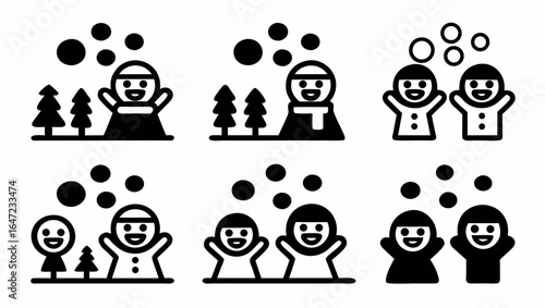 Illustrations of people in winter clothing with trees and falling snow in a simple black and white style |  editable eps vectors silhouette