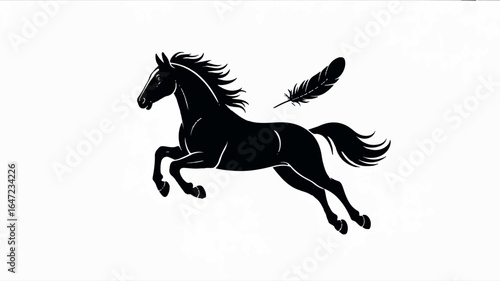 A minimalist black and white silhouette illustration of a running horse on a pure white background.
