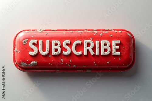 A worn red button with the word subscribe in white letters against a plain white background surface