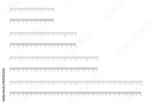 Inch, metric rulers set. Measuring tool templates. Scale samples for ruler in centimeters, inches. Inches, centimeters measuring printable scales. Measuring scales icons. Metrics indicator in cm, inch