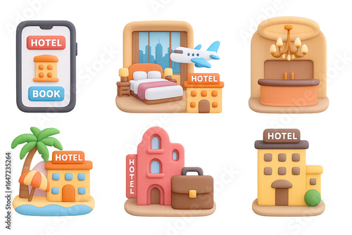 Whimsical 3d hotel icons set for travel and booking apps