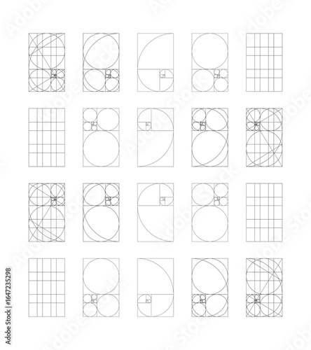 Big set of Golden ratio template. Fibonacci array, numbers form. Method golden section simple samples. Harmony proportions flat black frames. Outline graphic thin printable illustration. Golden Spiral