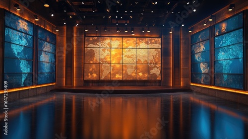 Fototapeta Naklejka Na Ścianę i Meble -  High-Tech News Stage Featuring a Luminous World Map and Contrasting Color Reflections.